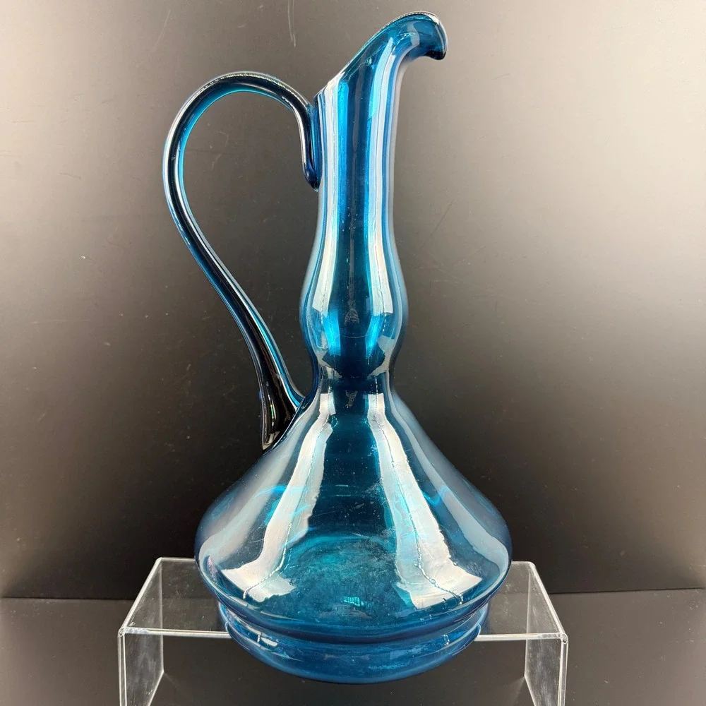 Vintage Blue Art‎ Glass Pitcher Hand Blown 13